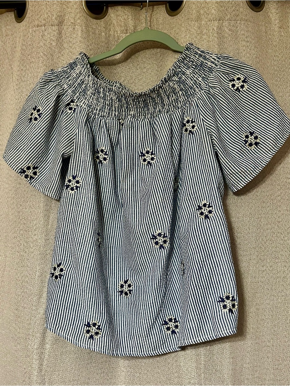 Ci Sono Navy and White Striped Off-Shoulder Embroidered Top